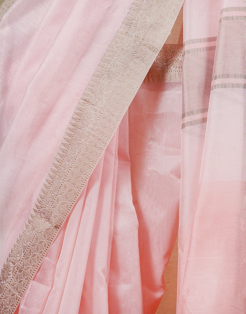 Pink Soft Pastel Cotton Semi Silk Saree With Beige Golden Zari Border - View 4