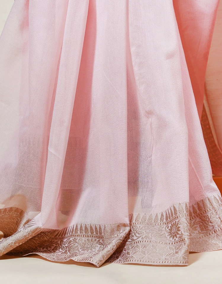 Pink Soft Pastel Cotton Semi Silk Saree With Beige Golden Zari Border - View 5