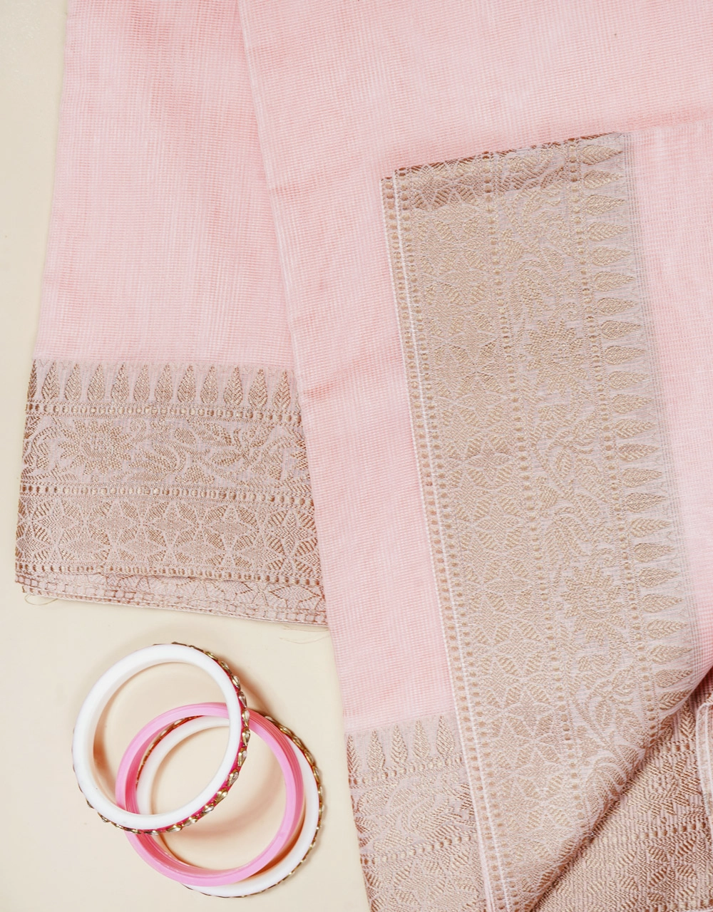 Pink Soft Pastel Cotton Semi Silk Saree With Beige Golden Zari Border - View 3