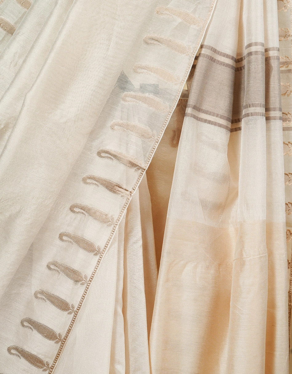 Beige Bhagalpur Cotton Silk Saree With Woven Paisley Border - View 4