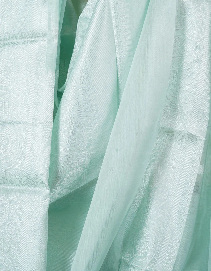 Aqua Blue Bhagalpur Cotton Silk Saree With Silver Zari Floral Weave - View 3