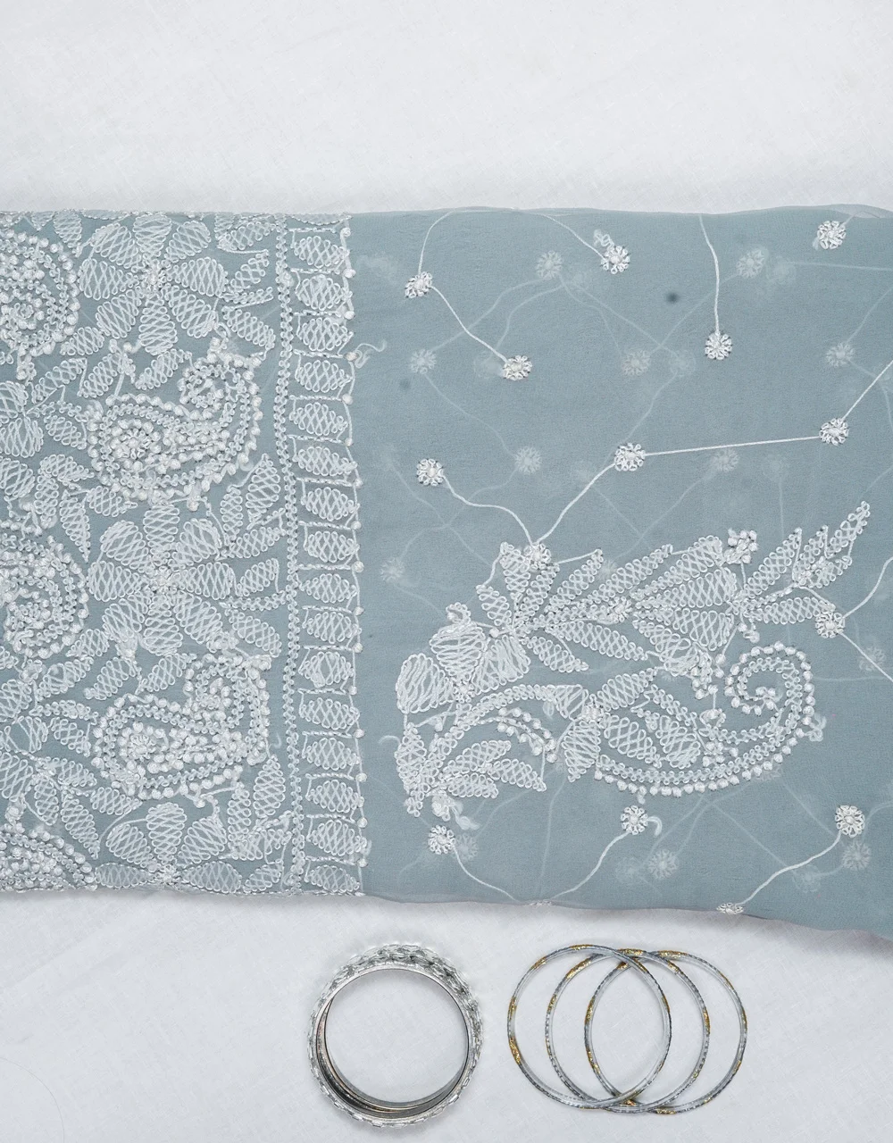 Grey Georgette Cotton Lucknowi Chikankari Saree With White Embroidery - View 3