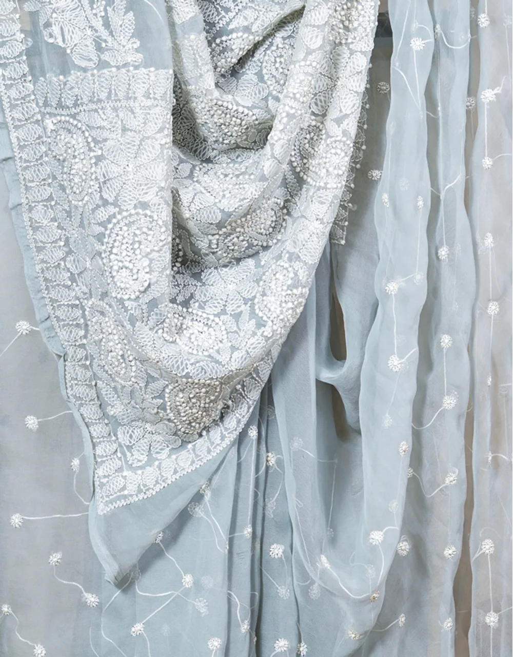 Grey Georgette Cotton Lucknowi Chikankari Saree With White Embroidery - View 4