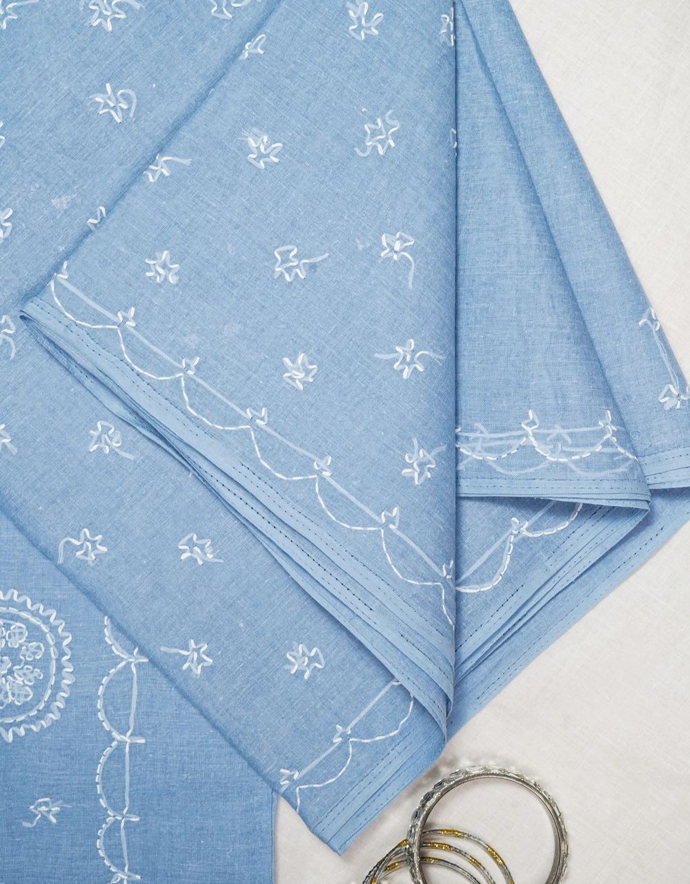 Light Blue Lucknowi Chikankari Georgette Saree With White Embroidery - View 3