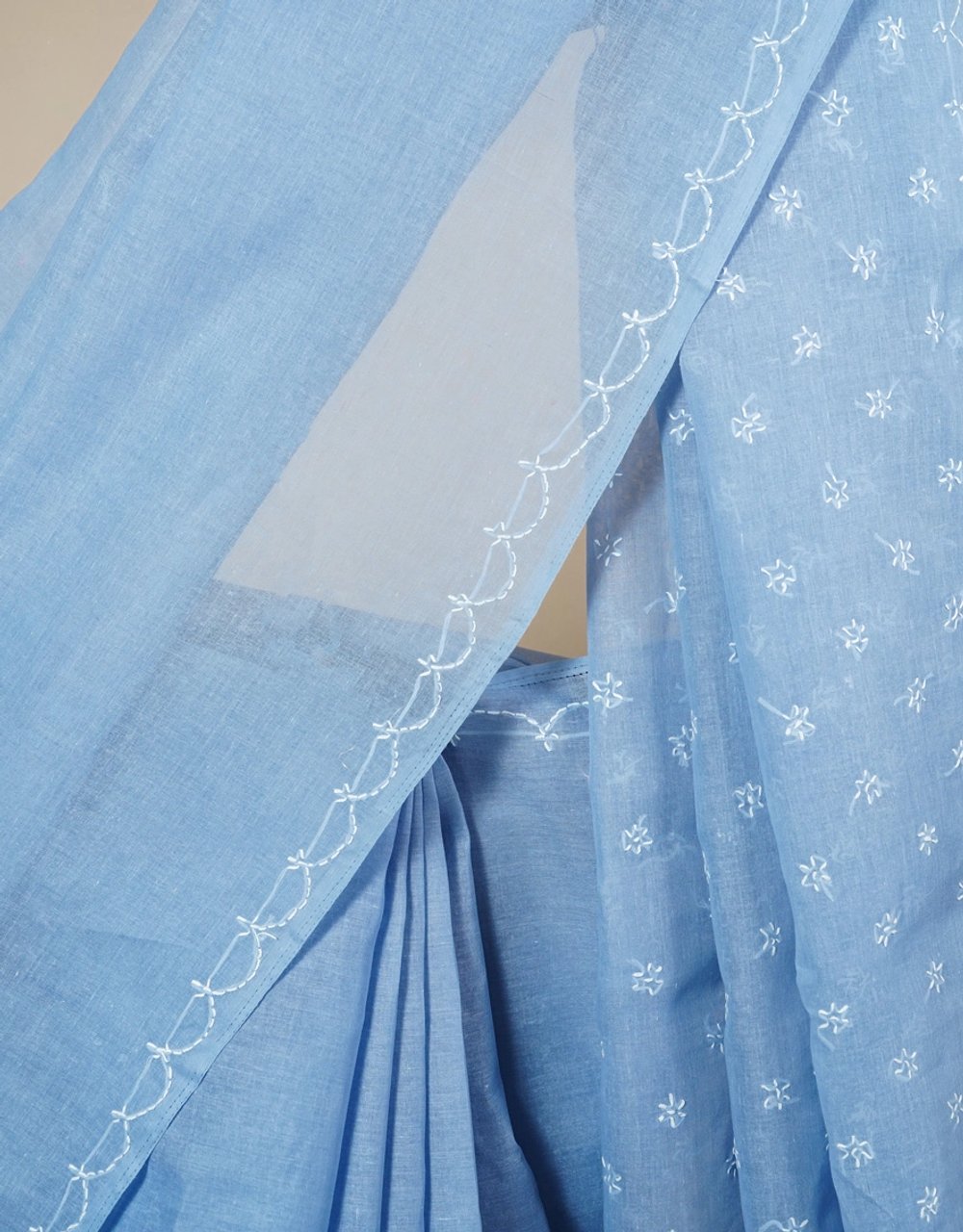 Light Blue Lucknowi Chikankari Georgette Saree With White Embroidery - View 4