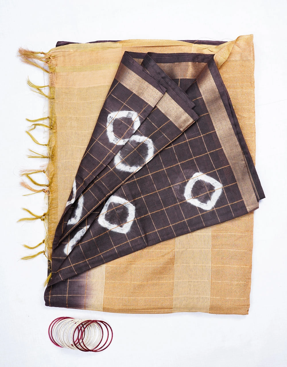 Hovered view of Brown Masterise Ghicha Silk Saree With Natural Tie Dye And Gold Zari Border Bhagalpur Craft
