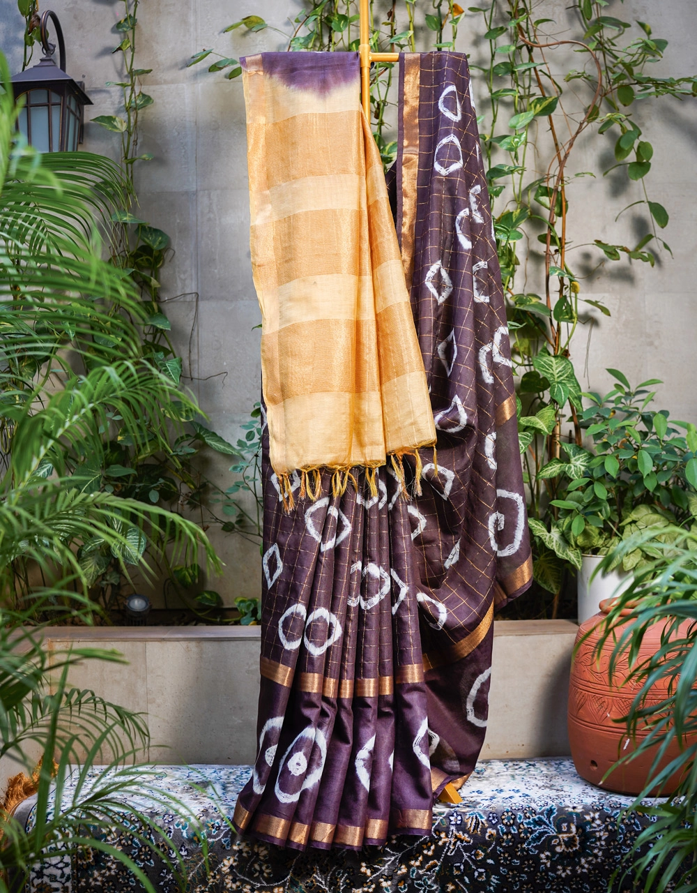 Brown Masterise Ghicha Silk Saree With Natural Tie Dye And Gold Zari Border Bhagalpur Craft