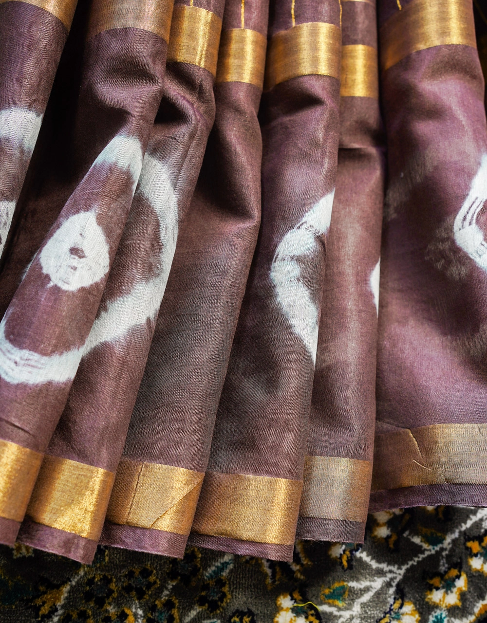Brown Masterise Ghicha Silk Saree With Natural Tie Dye And Gold Zari Border Bhagalpur Craft - View 5