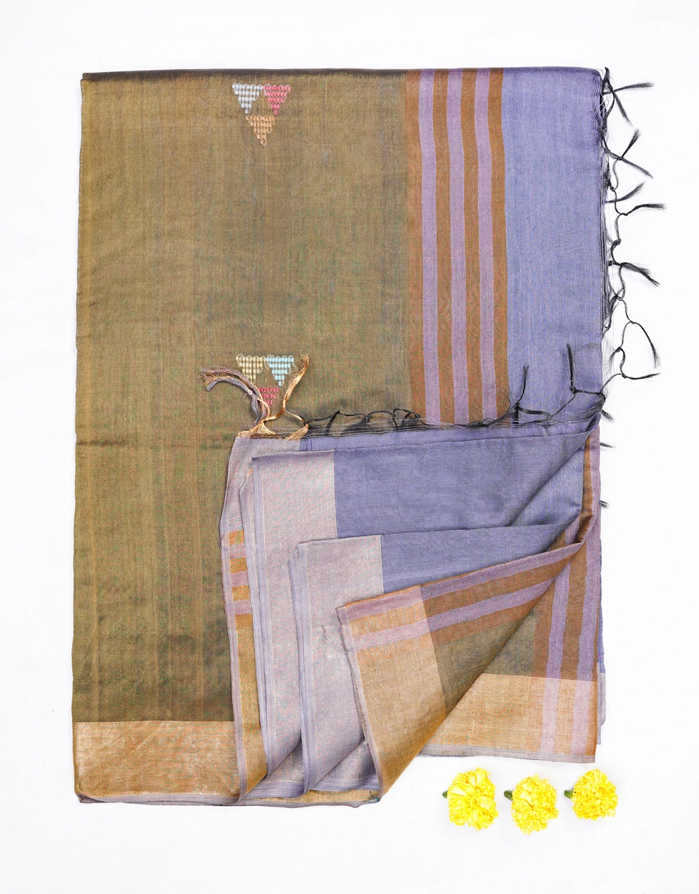 Hovered view of Blue And Olive Mastrise Ghicha Silk Handwoven Saree