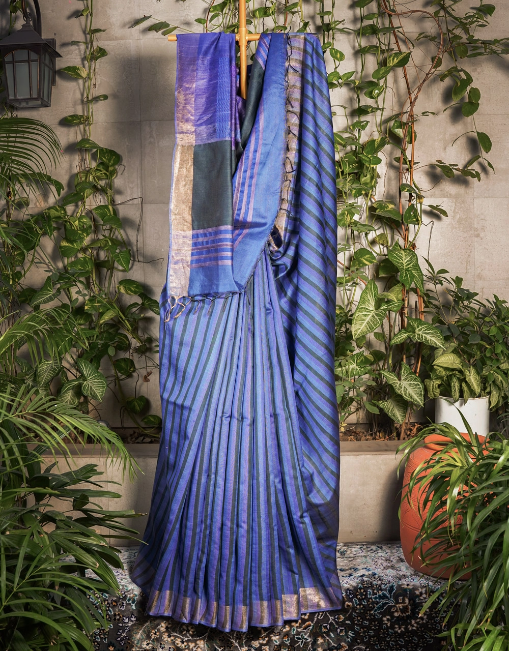 Indigo Blue And Purple Striped Mastrise Ghicha Silk Saree
