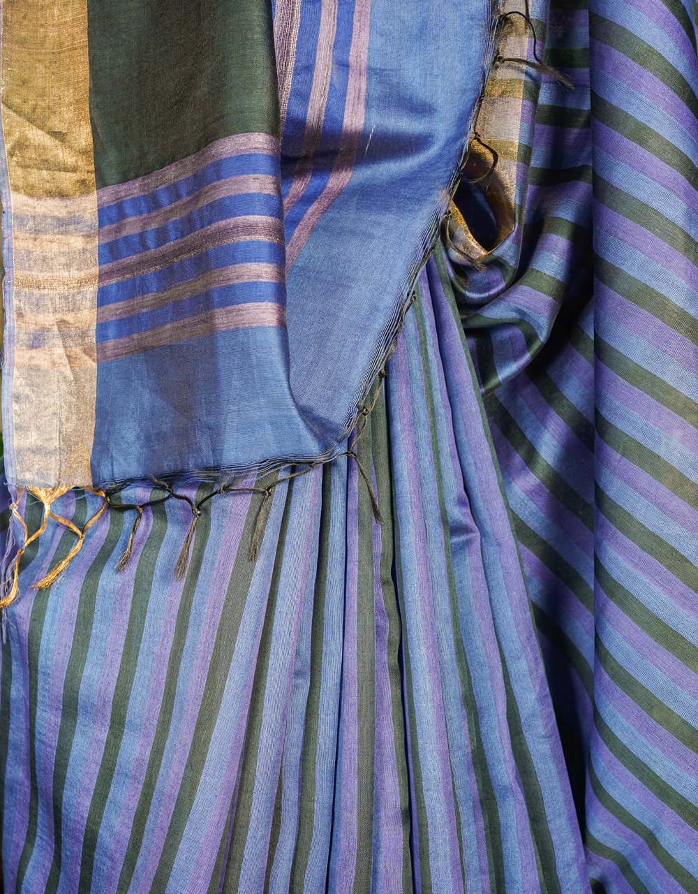 Indigo Blue And Purple Striped Mastrise Ghicha Silk Saree - View 4