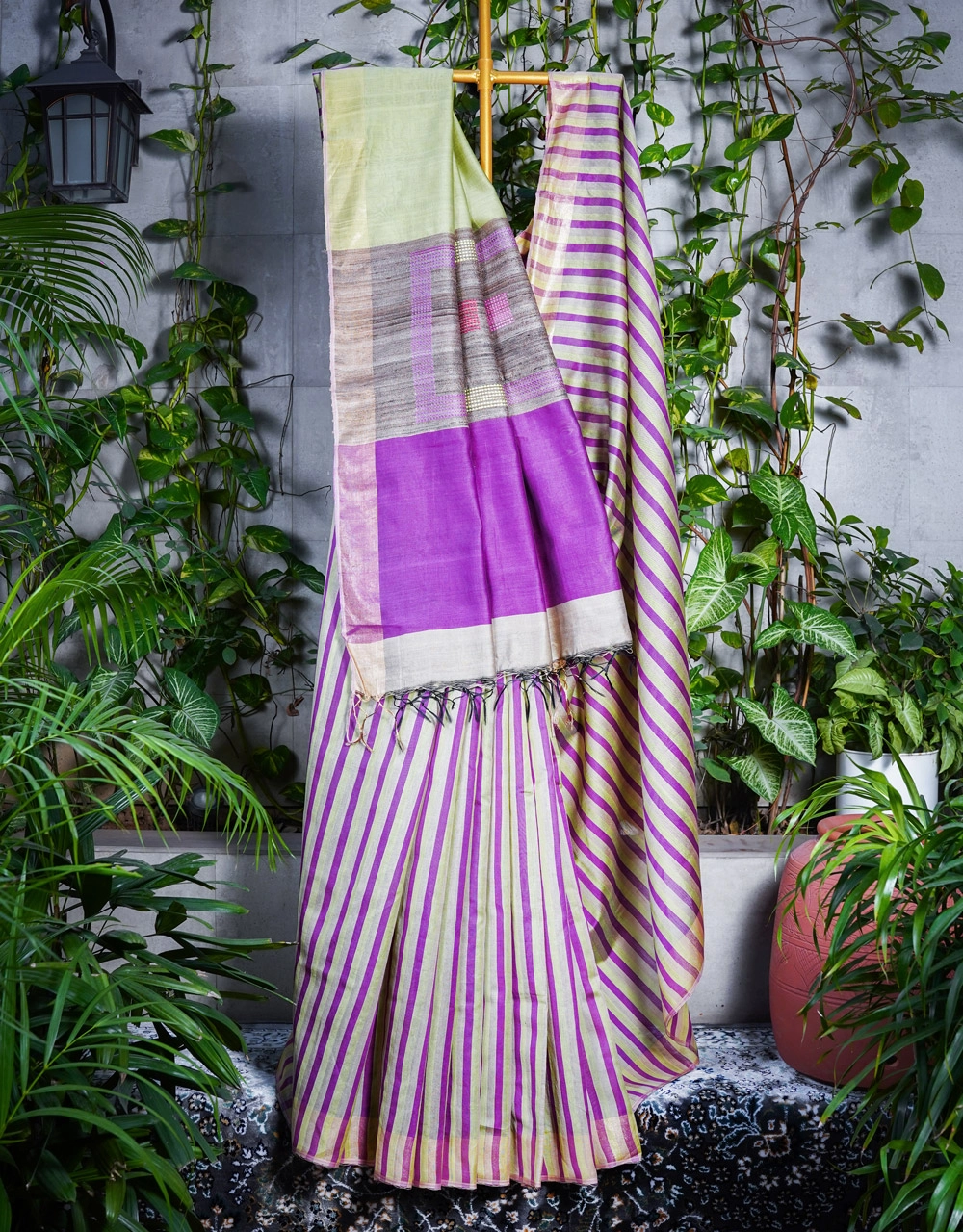 Green Pista And Purple Striped Mercerised Ghicha Silk Saree