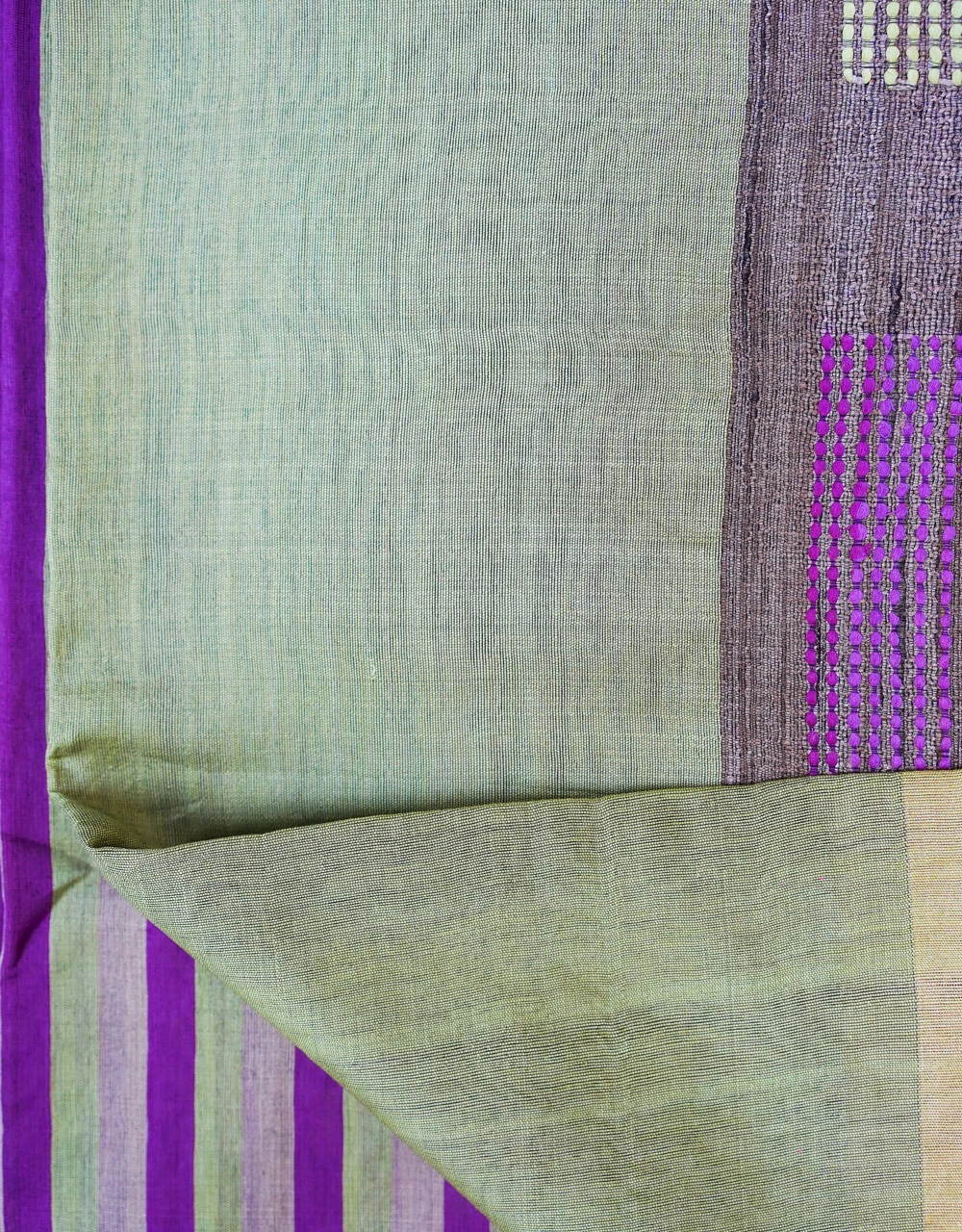 Green Pista And Purple Striped Mercerised Ghicha Silk Saree - View 3