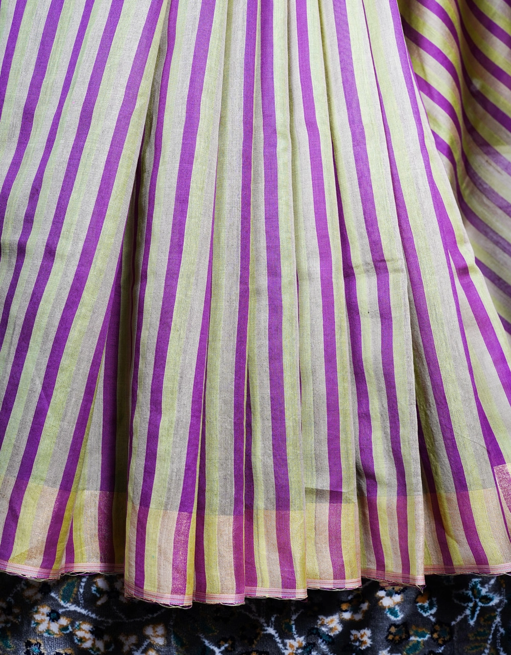 Green Pista And Purple Striped Mercerised Ghicha Silk Saree - View 5