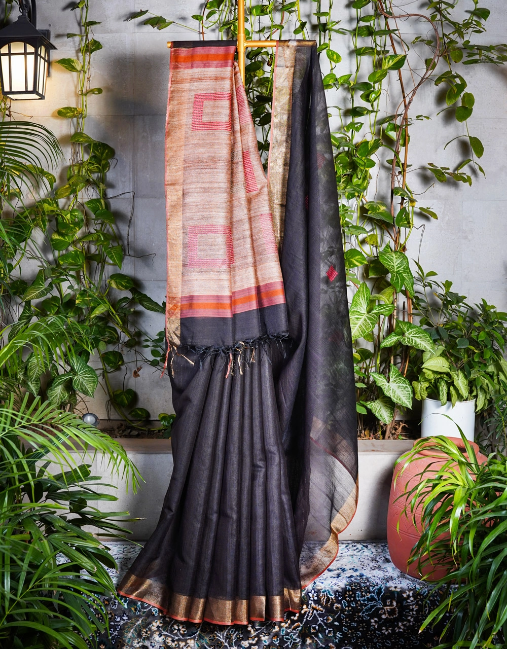 Black Charcoal Bhagalpur Ghicha Silk Saree