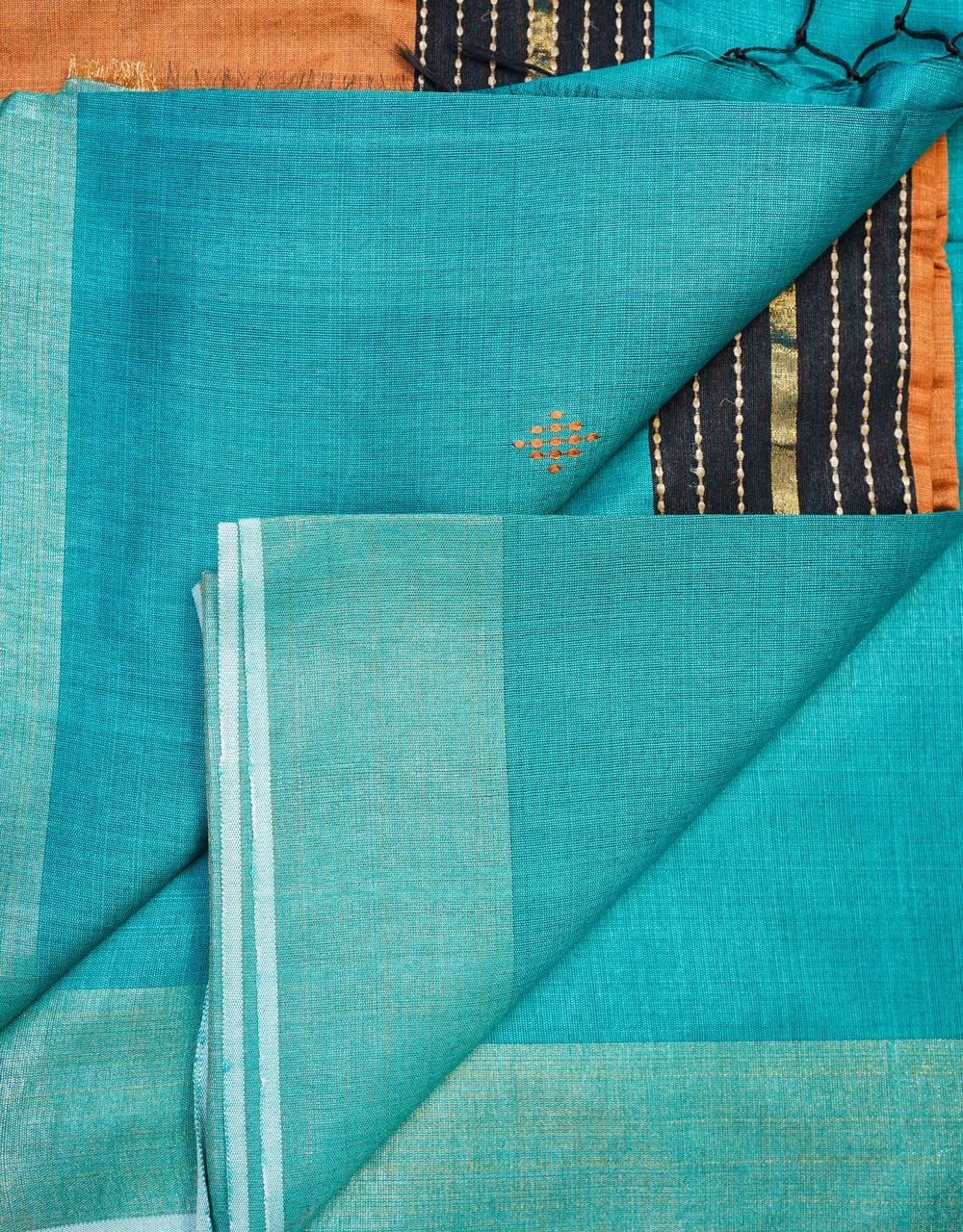 Blue Bhagalpuri Ghicha Silk Saree With Rust Orange Contrast Pallu - View 3