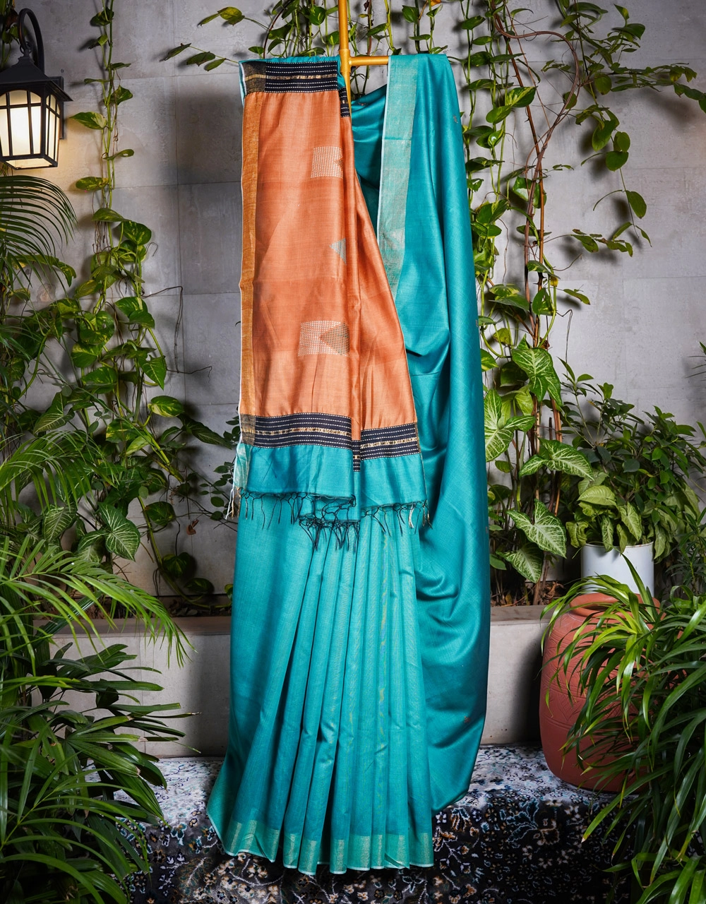 Blue Bhagalpuri Ghicha Silk Saree With Rust Orange Contrast Pallu