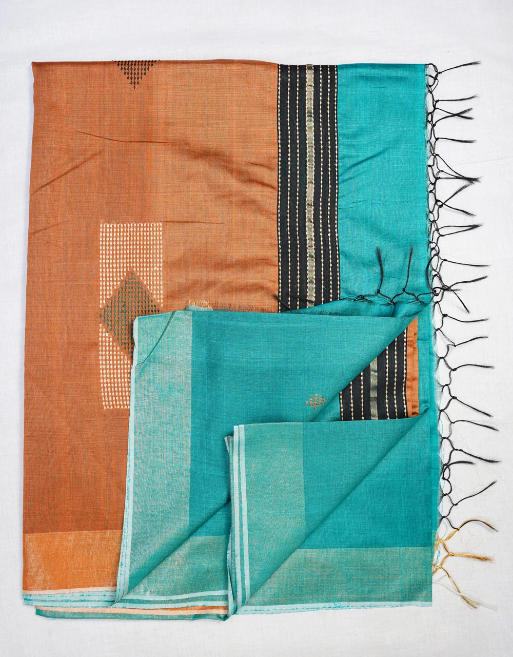 Hovered view of Blue Bhagalpuri Ghicha Silk Saree With Rust Orange Contrast Pallu