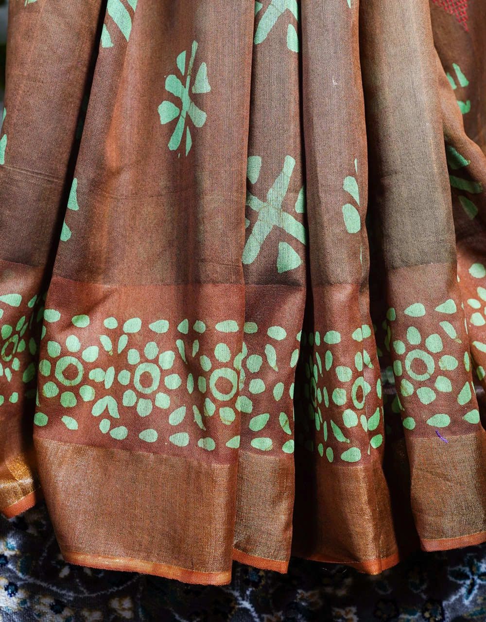 Brown Bhagalpuri Ghicha Silk Saree With Contrast Beige Pallu And Mint Motifs - View 5