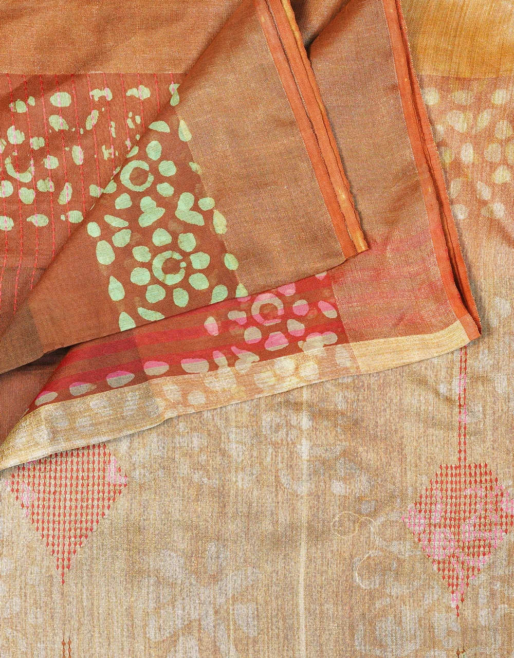 Brown Bhagalpuri Ghicha Silk Saree With Contrast Beige Pallu And Mint Motifs - View 3
