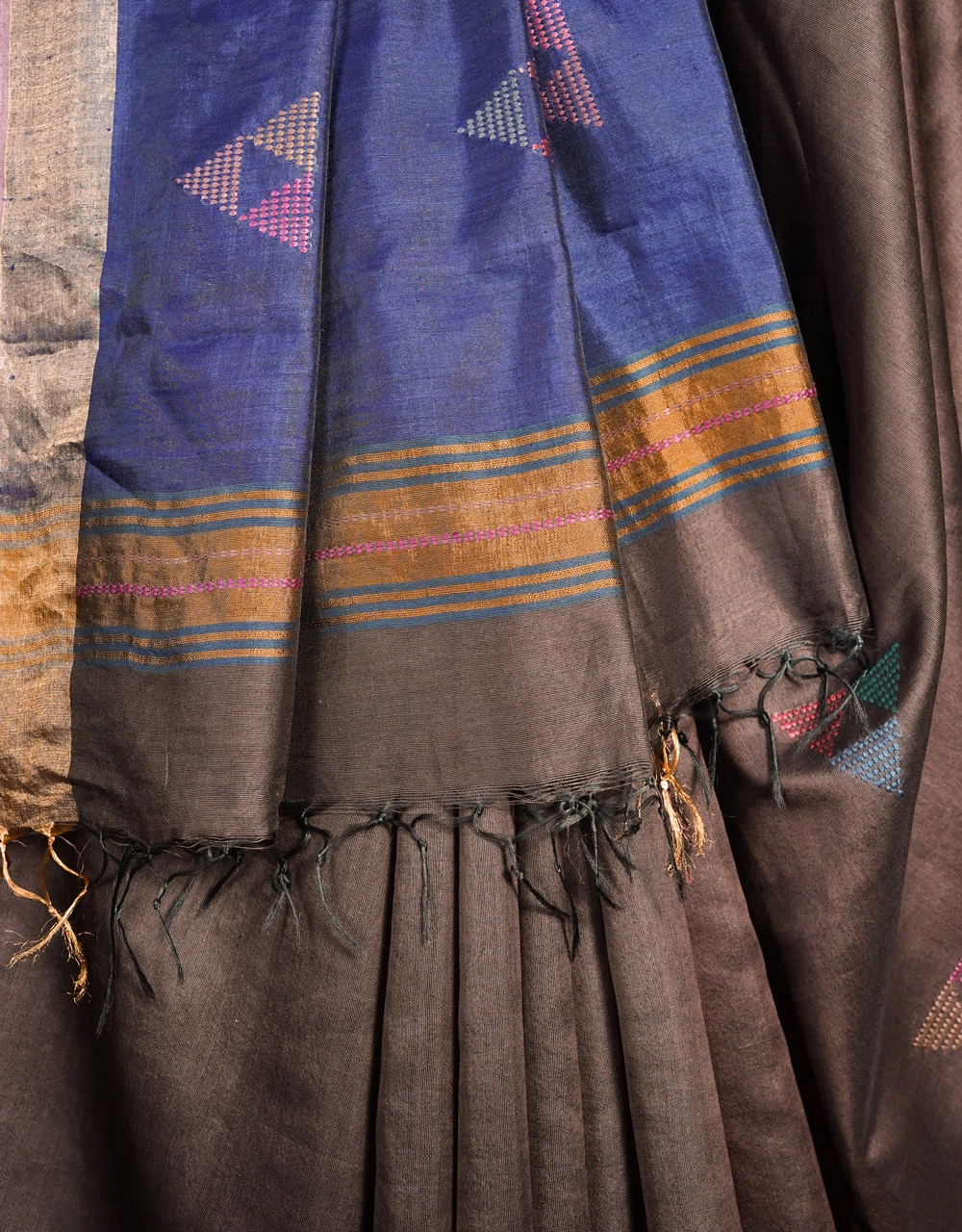 Brown Base With Royal Blue Pallu Ghicha Silk Saree - View 4