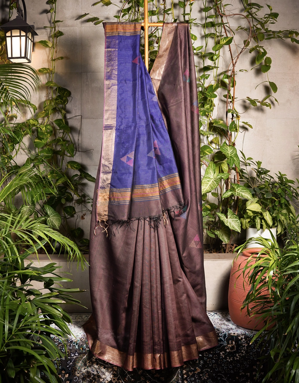 Brown Base With Royal Blue Pallu Ghicha Silk Saree