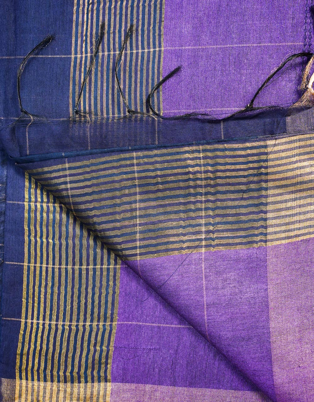 Indigo Blue And Royal Purple With Woven Stripes Dual Tone Ghicha Silk Saree - View 3
