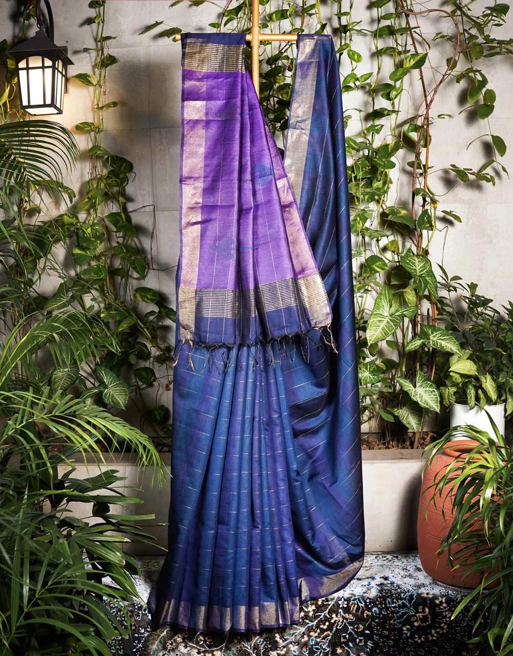 Indigo Blue And Royal Purple With Woven Stripes Dual Tone Ghicha Silk Saree