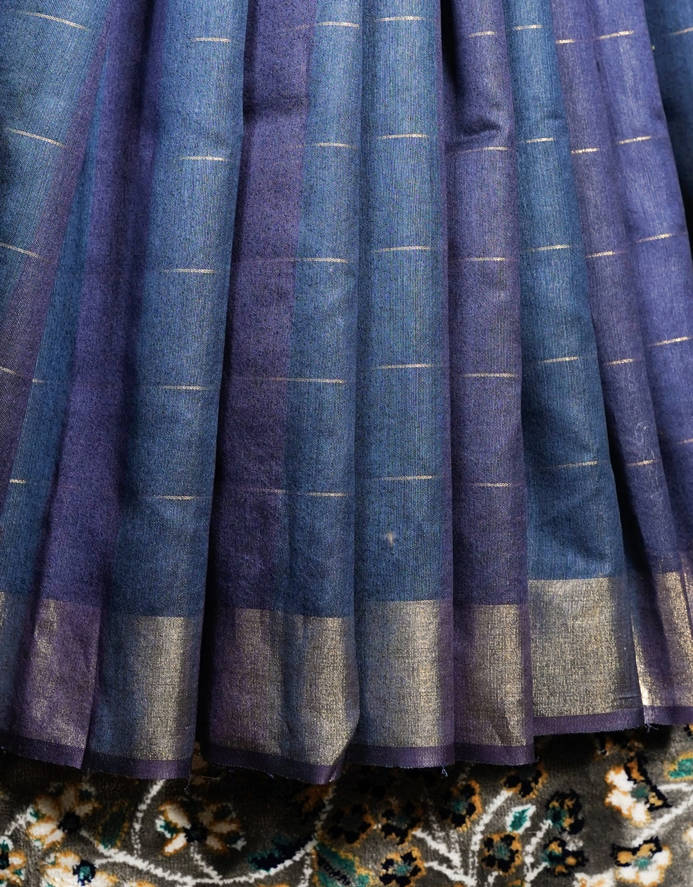 Indigo Blue And Royal Purple With Woven Stripes Dual Tone Ghicha Silk Saree - View 5