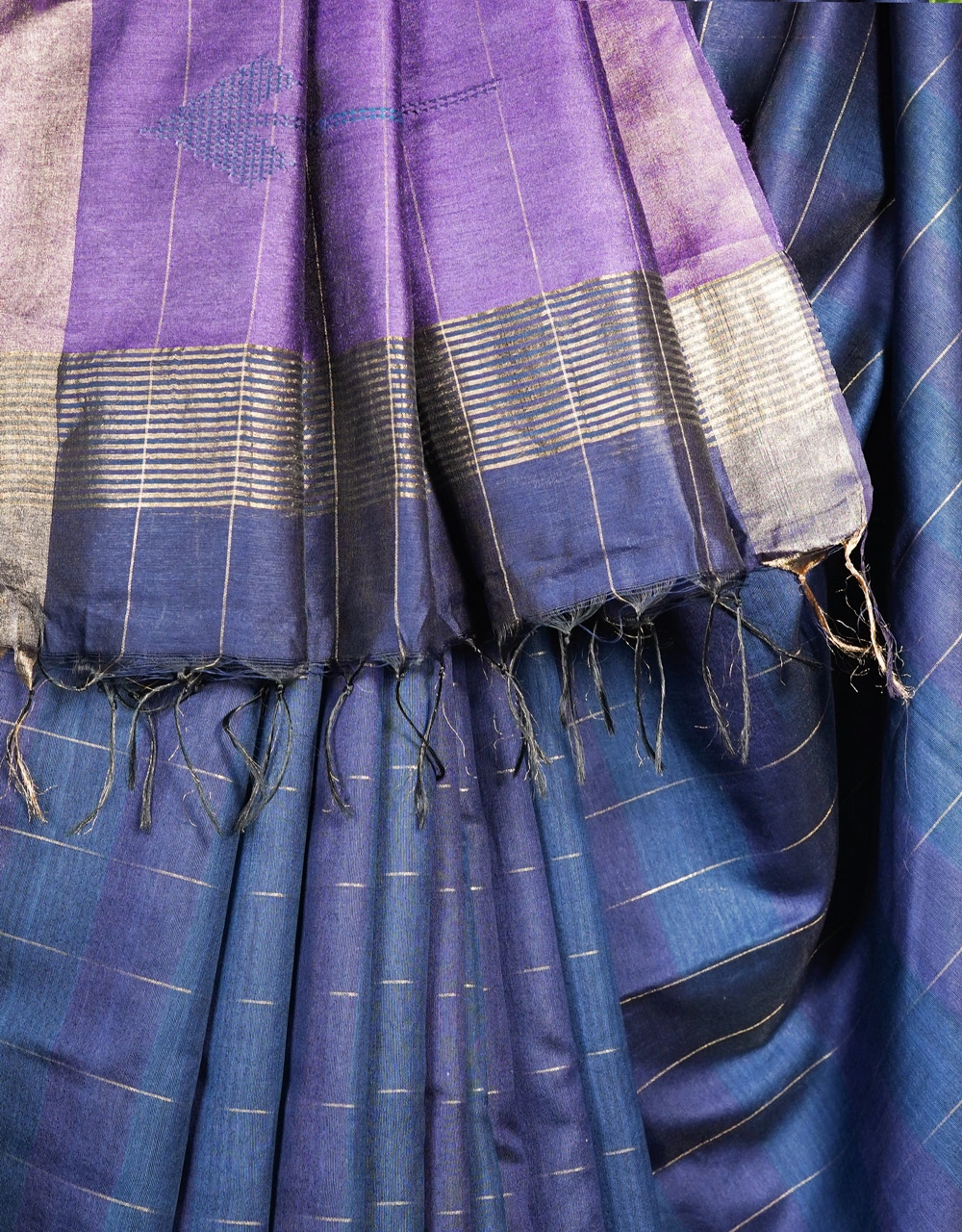 Indigo Blue And Royal Purple With Woven Stripes Dual Tone Ghicha Silk Saree - View 4