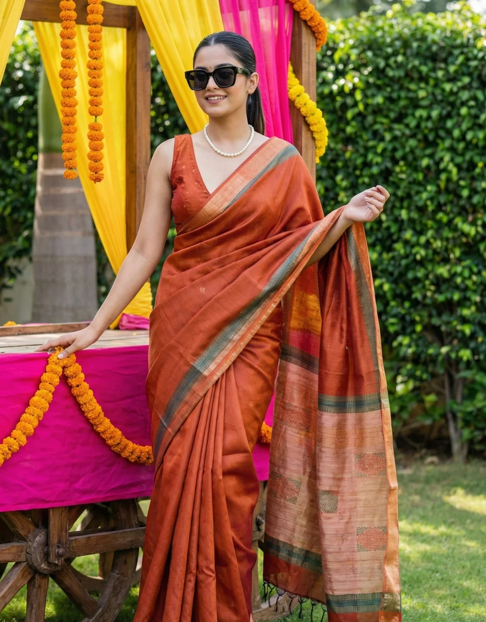 orange-with-beige-pallu-and-olive-border-ghicha-silk-saree