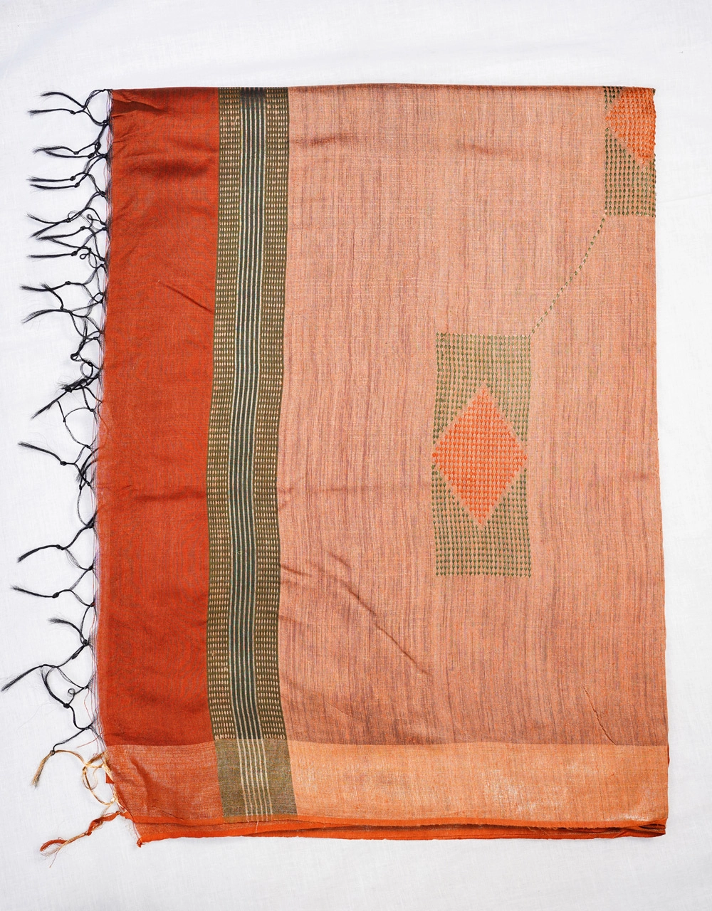 Orange With Beige Pallu And Olive Border Ghicha Silk Saree - View 3