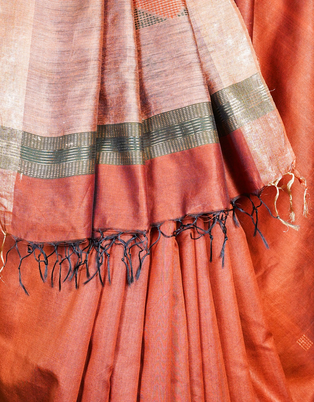 Orange With Beige Pallu And Olive Border Ghicha Silk Saree - View 4