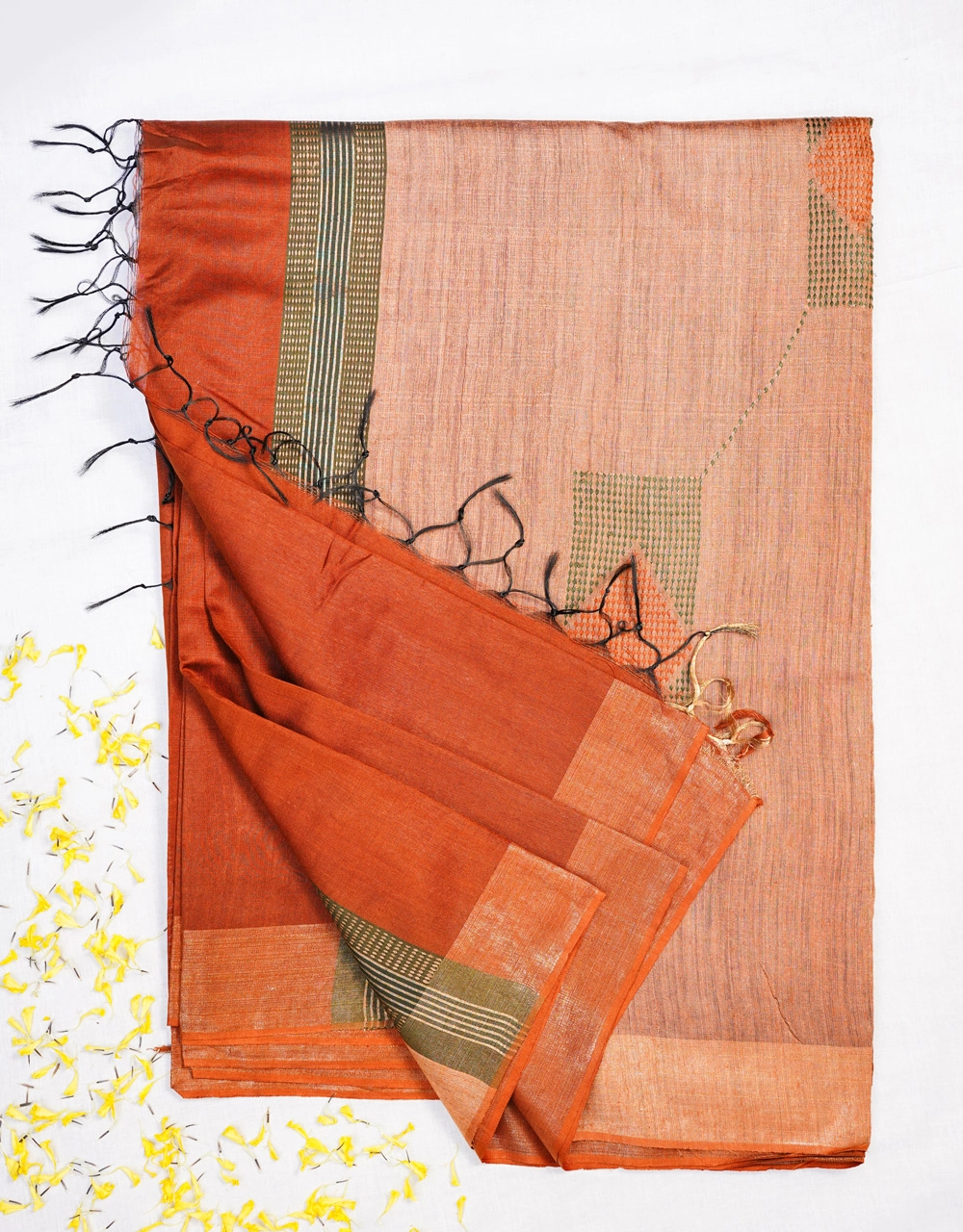 Hovered view of Orange With Beige Pallu And Olive Border Ghicha Silk Saree