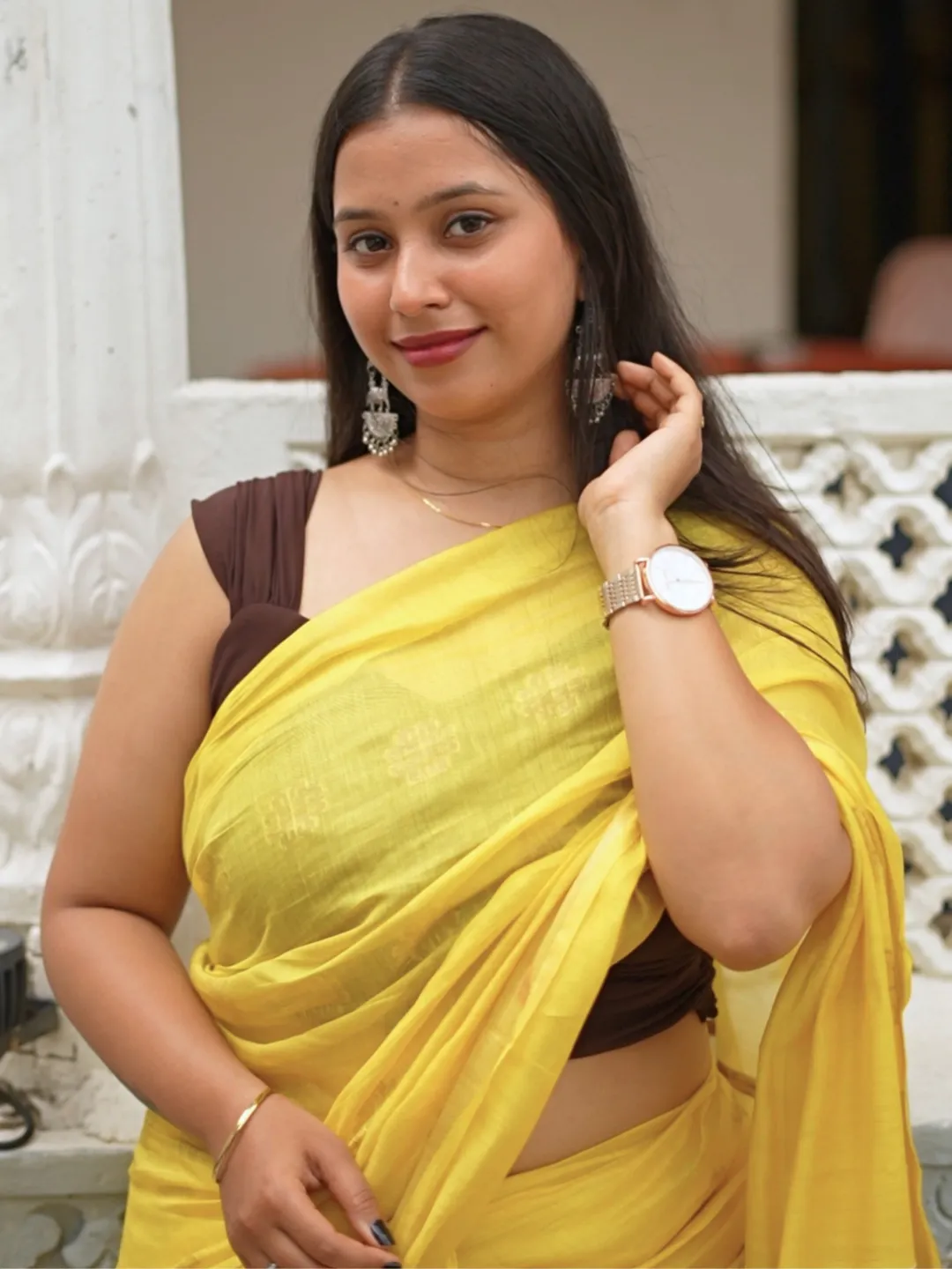 Yellow Mulberry Katiya Muga Silk Handloom Saree front view