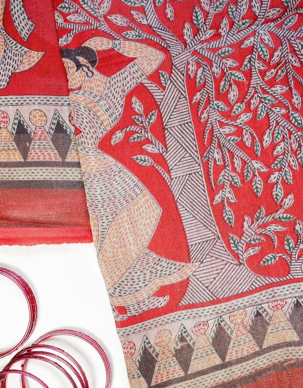 Red Madhubani Art Tussar Munga Silk Saree With Tribal Motifs And Handcrafted Border - View 3