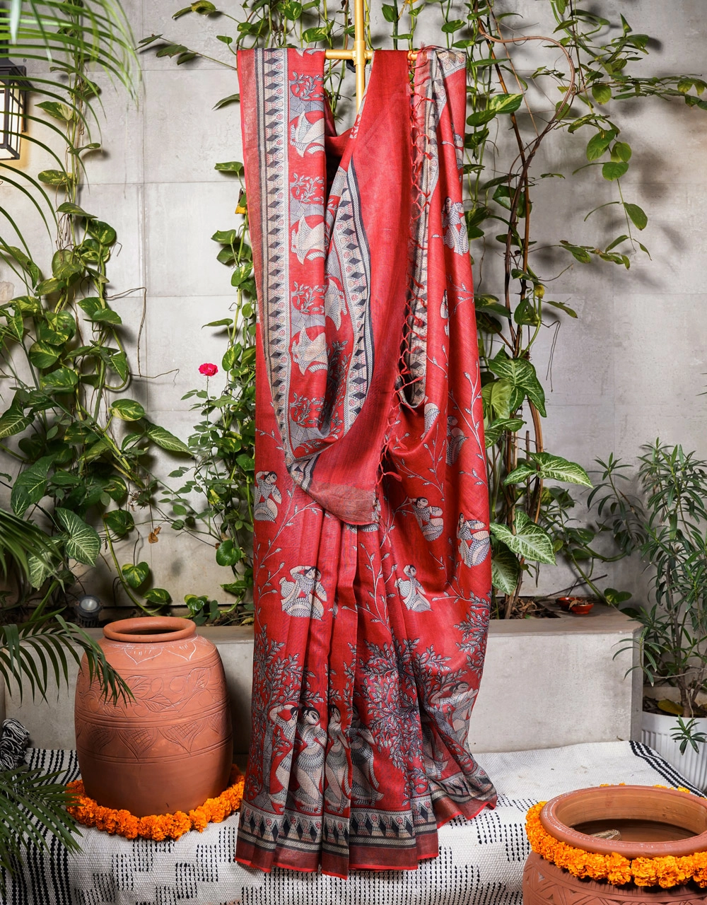 Red Madhubani Art Tussar Munga Silk Saree With Tribal Motifs And Handcrafted Border