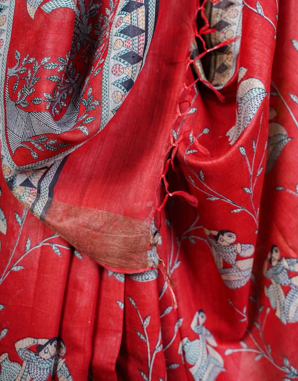 Red Madhubani Art Tussar Munga Silk Saree With Tribal Motifs And Handcrafted Border - View 4