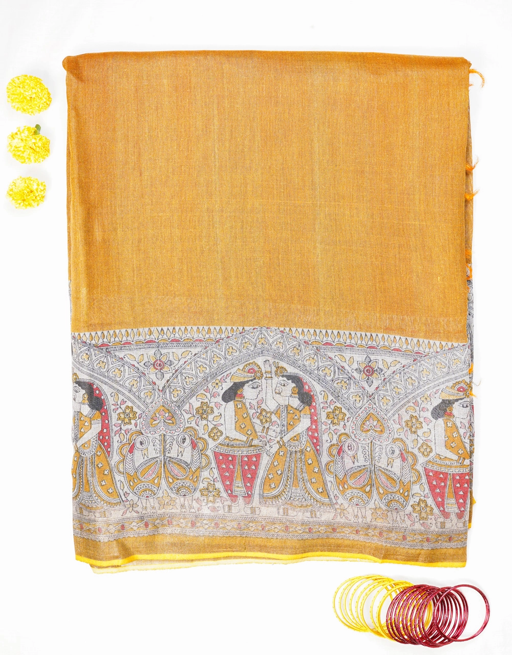 Hovered view of Mustard Yellow Madhubani Motif Tussar Munga Silk Handloom Saree