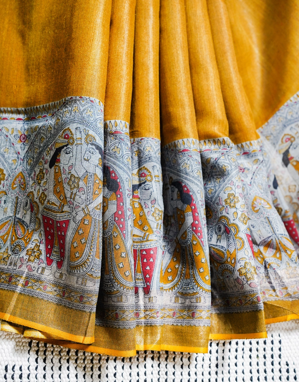 Mustard Yellow Madhubani Motif Tussar Munga Silk Handloom Saree - View 5