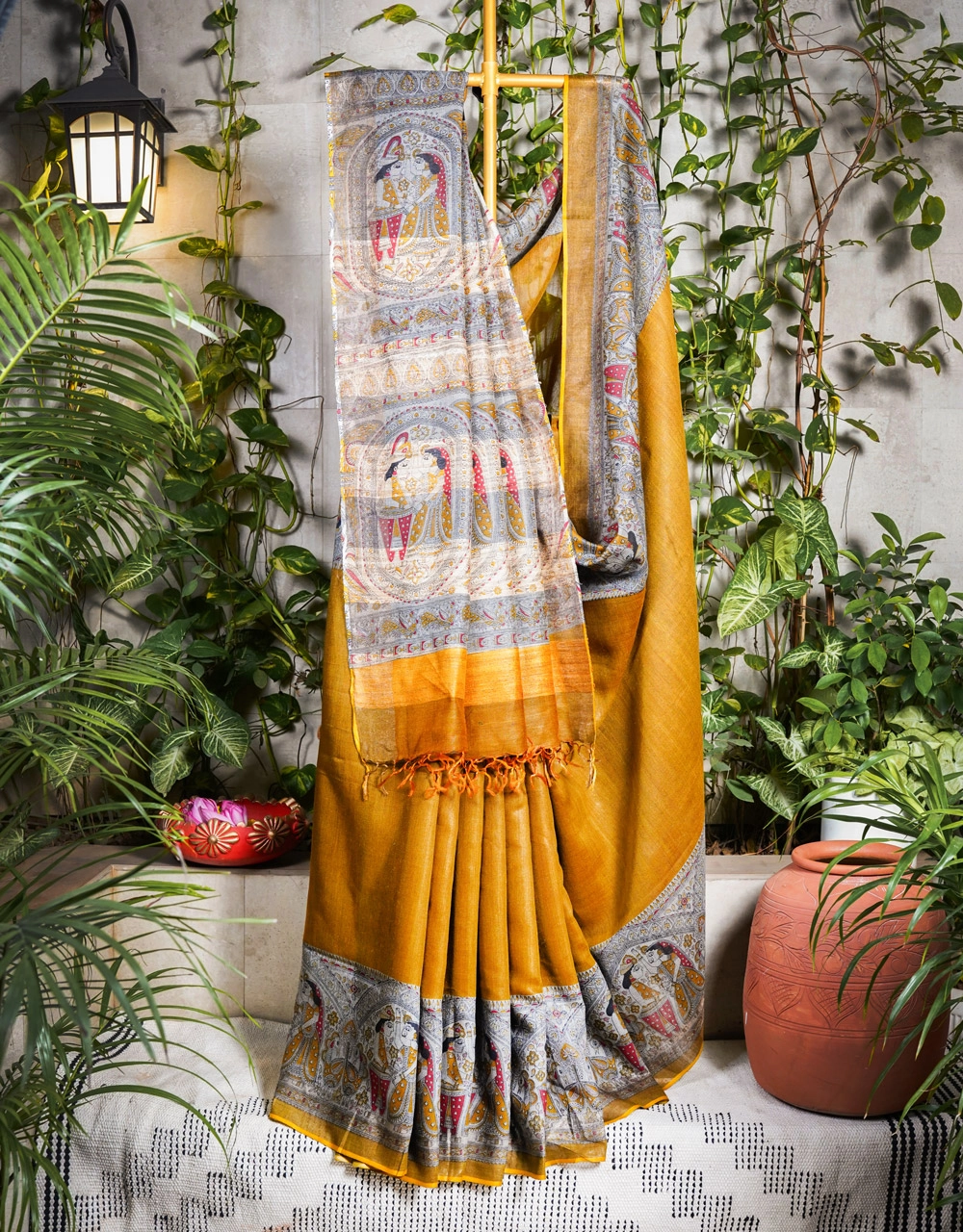 Mustard Yellow Madhubani Motif Tussar Munga Silk Handloom Saree