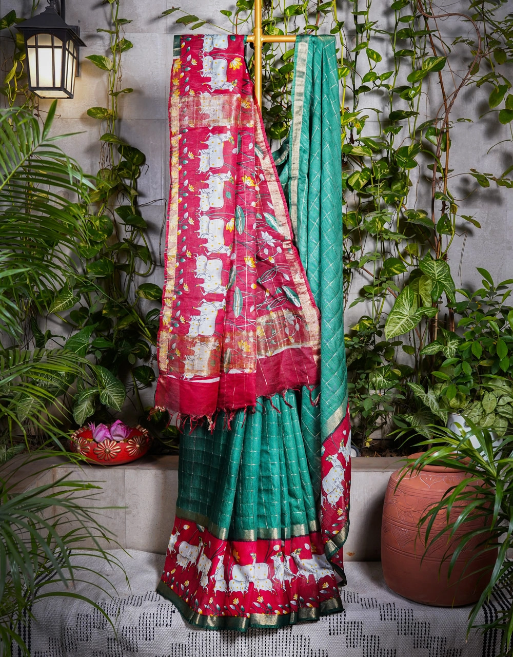 Green And Red Pure Tussar Munga Silk Handloom Saree