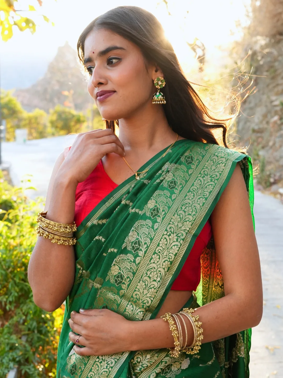 Green Emerald Pure Chiniya Banarasi Silk Saree front view