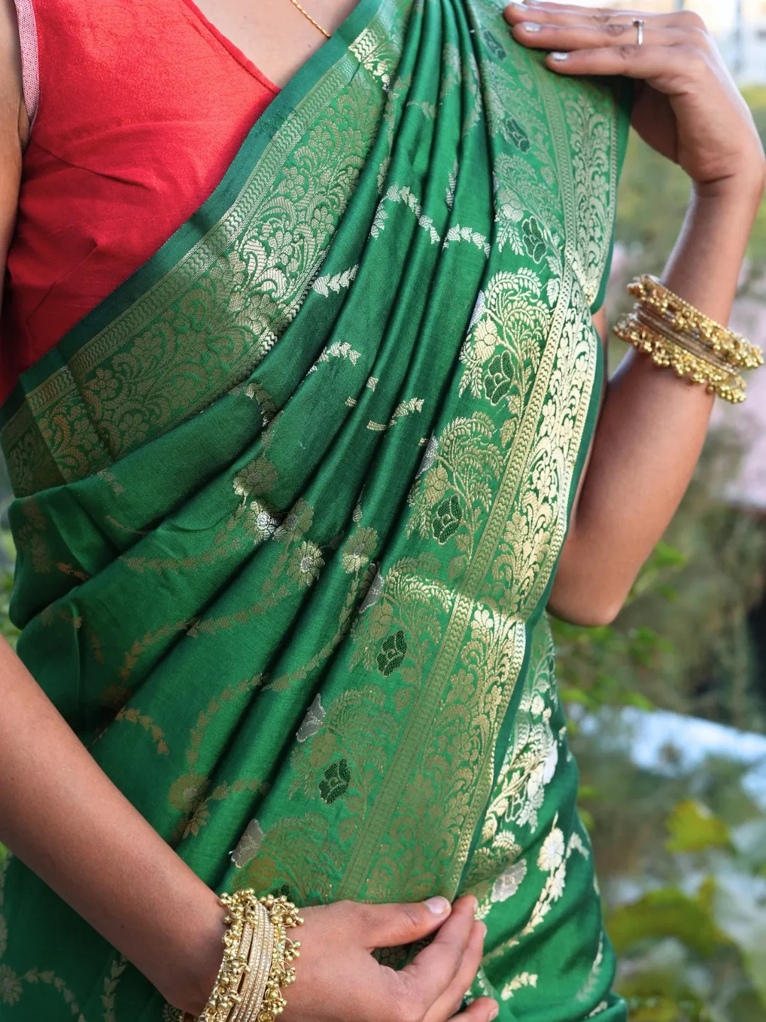 Green Emerald Pure Chiniya Banarasi Silk Saree front view