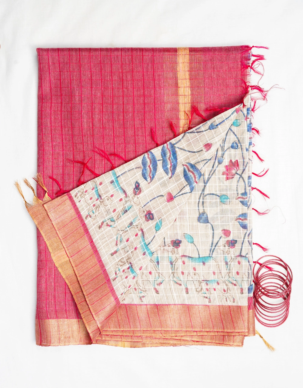 Hovered view of Beige And Rani Pink Pure Tussar Munga Silk Handloom Saree