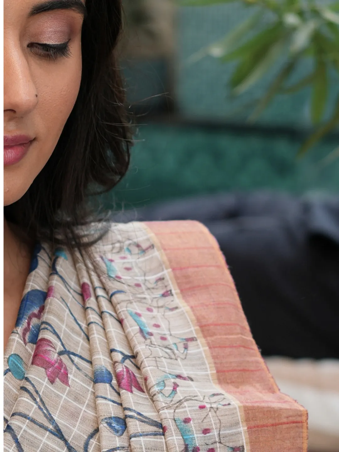  Beige And Rani Pink Pure Tussar Munga Silk Handloom Saree Front view