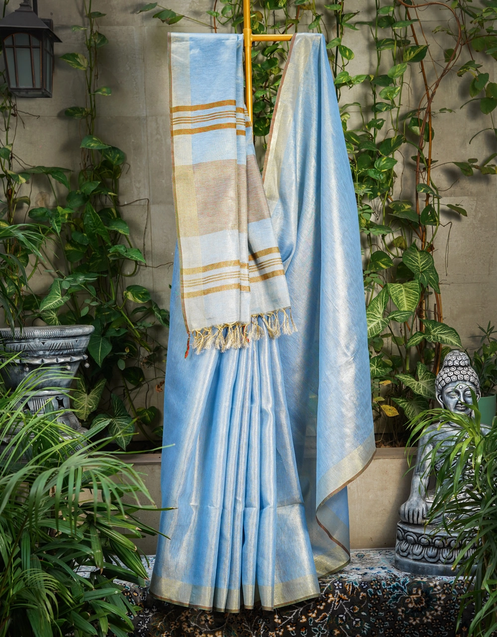 Blue Tissue Linen Saree With Antique Gold Border