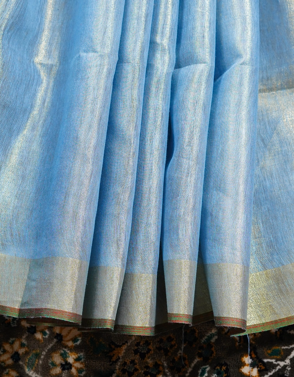 Blue Tissue Linen Saree With Antique Gold Border - View 5