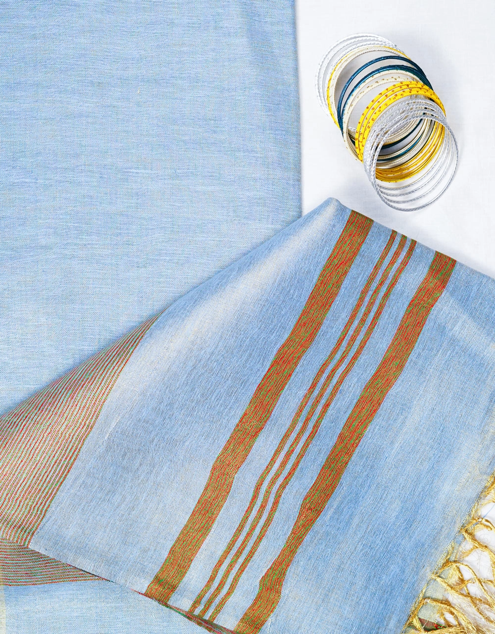 Blue Tissue Linen Saree With Antique Gold Border - View 3