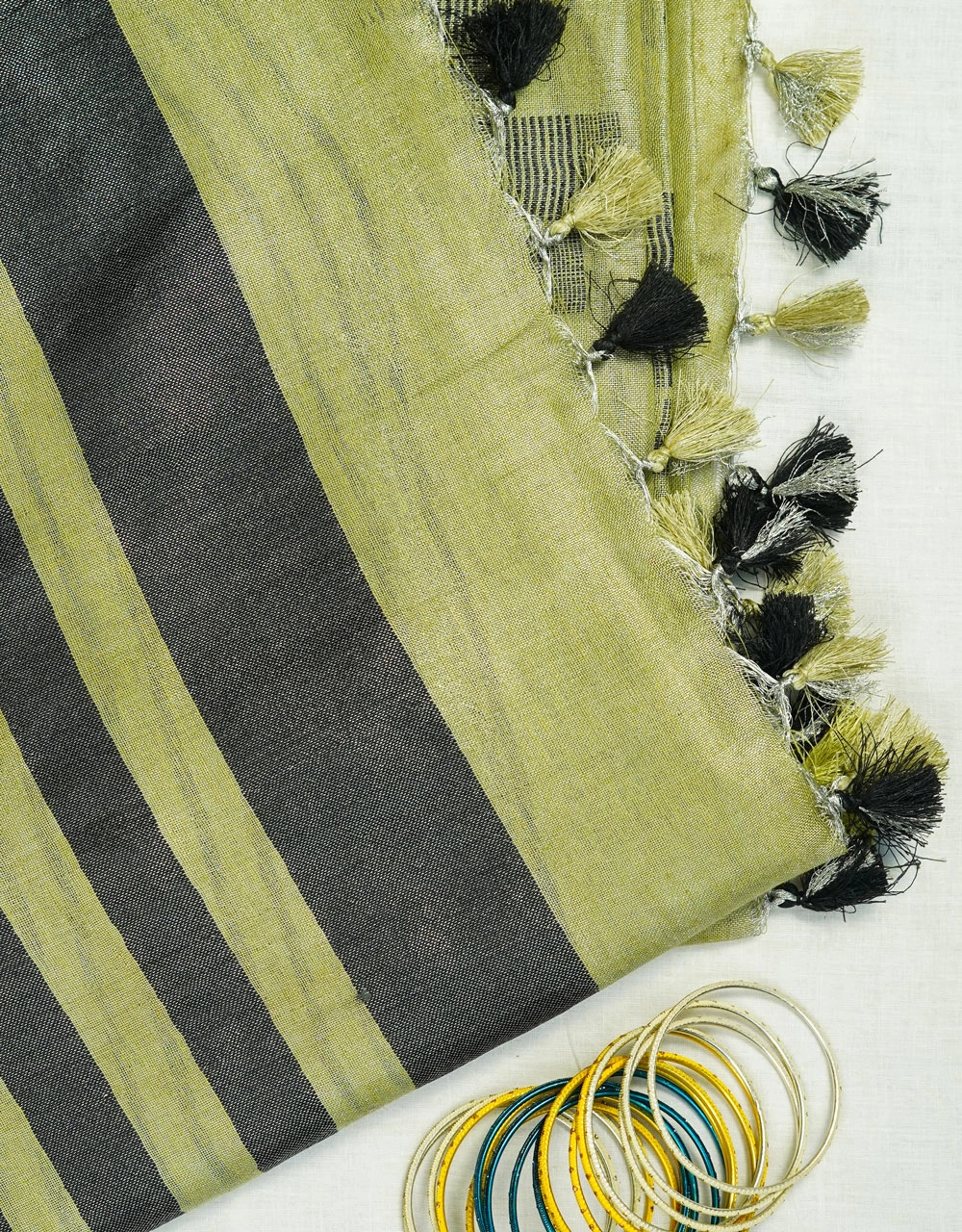 Green Olive And Charcoal Striped Tissu Linen Saree - View 3